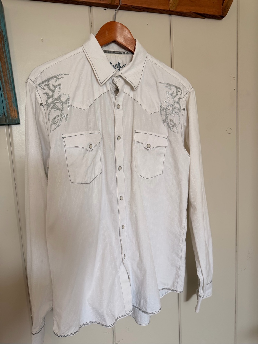 Rock 47 Wrangler Men’s L White Embroidered Pearl Snap Western Shirt